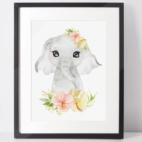 Cute Watercolor Floral Elephant Wall Art Print Poster Unframed - Picture 3 of 15